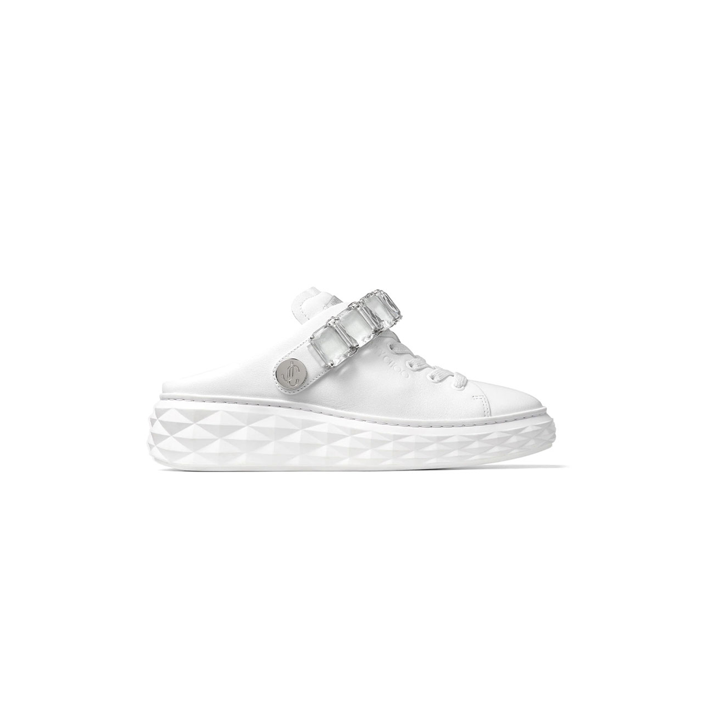 JIMMY CHOO DIAMOND SLING WHITE NAPPA LEATHER SLIPPER TRAINERS WITH CRYSTAL STRAP 